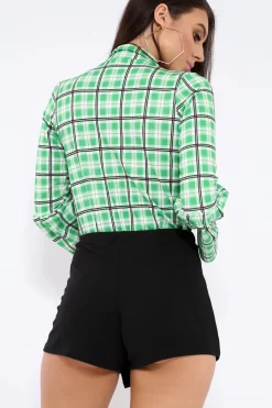 Rebellious Fashion Green Check Plunge Front Flare Sleeve Bodysuit - Madianna