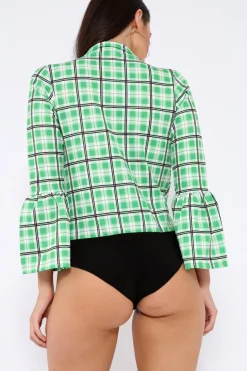 Rebellious Fashion Green Check Plunge Front Flare Sleeve Bodysuit - Madianna