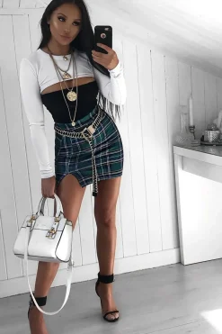 Rebellious Fashion Green Check Side Split Skirt - Zelle