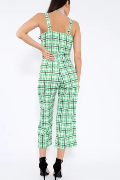 Rebellious Fashion Green Check Silver Button Detail Jumpsuit - Lavaeh