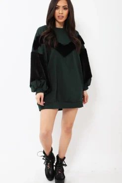 Rebellious Fashion Green Chevron Fur Jumper Dress - Esme