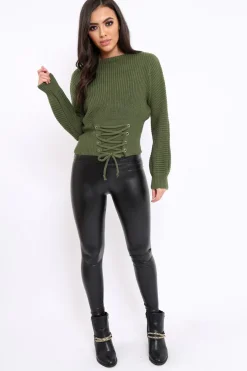 Rebellious Fashion Green Chunky Knit Corset Waist Knitted Jumper - Nara
