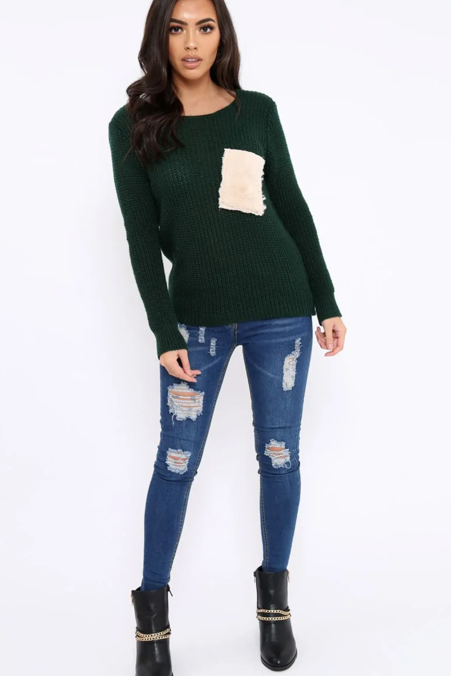 Rebellious Fashion Green Chunky Knit Fur Pocket Jumper - Alois