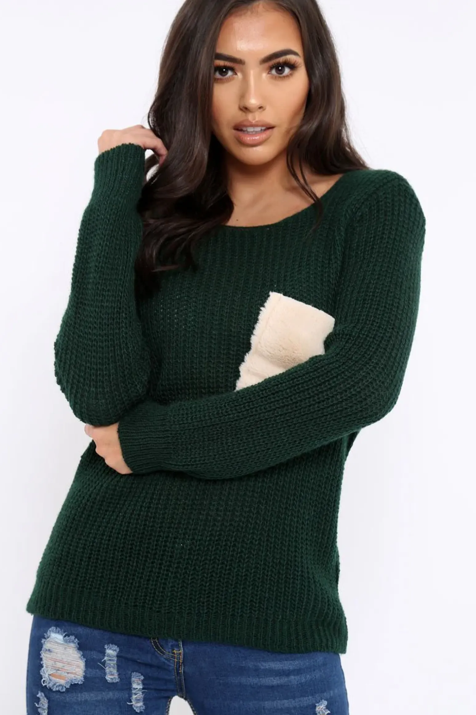 Rebellious Fashion Green Chunky Knit Fur Pocket Jumper - Alois
