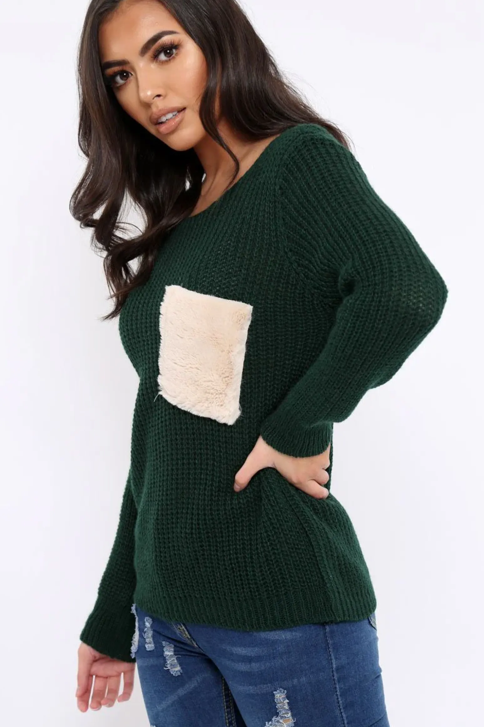 Rebellious Fashion Green Chunky Knit Fur Pocket Jumper - Alois