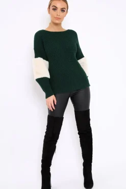 Rebellious Fashion Green Chunky Knit Fur Sleeve Jumper - Kimberly