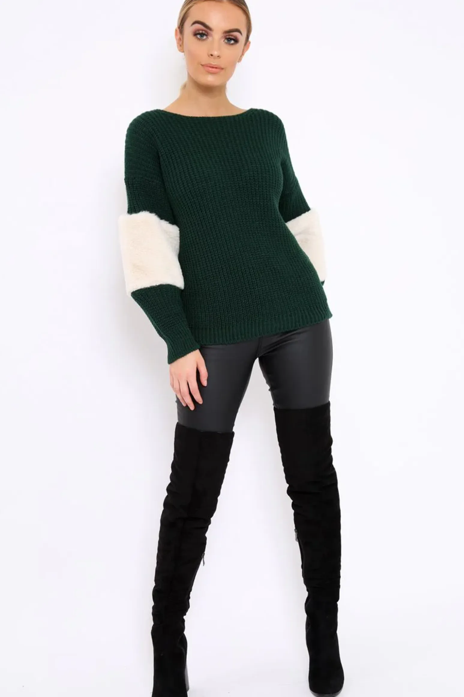 Rebellious Fashion Green Chunky Knit Fur Sleeve Jumper - Kimberly