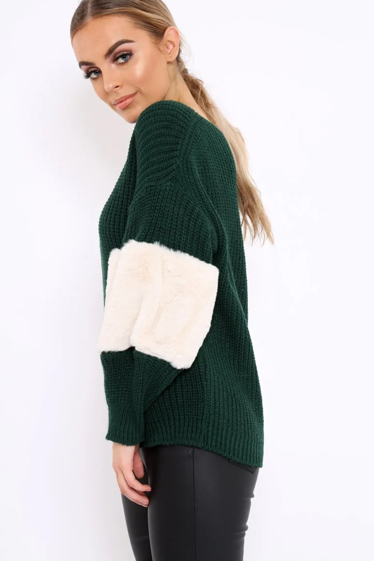 Rebellious Fashion Green Chunky Knit Fur Sleeve Jumper - Kimberly