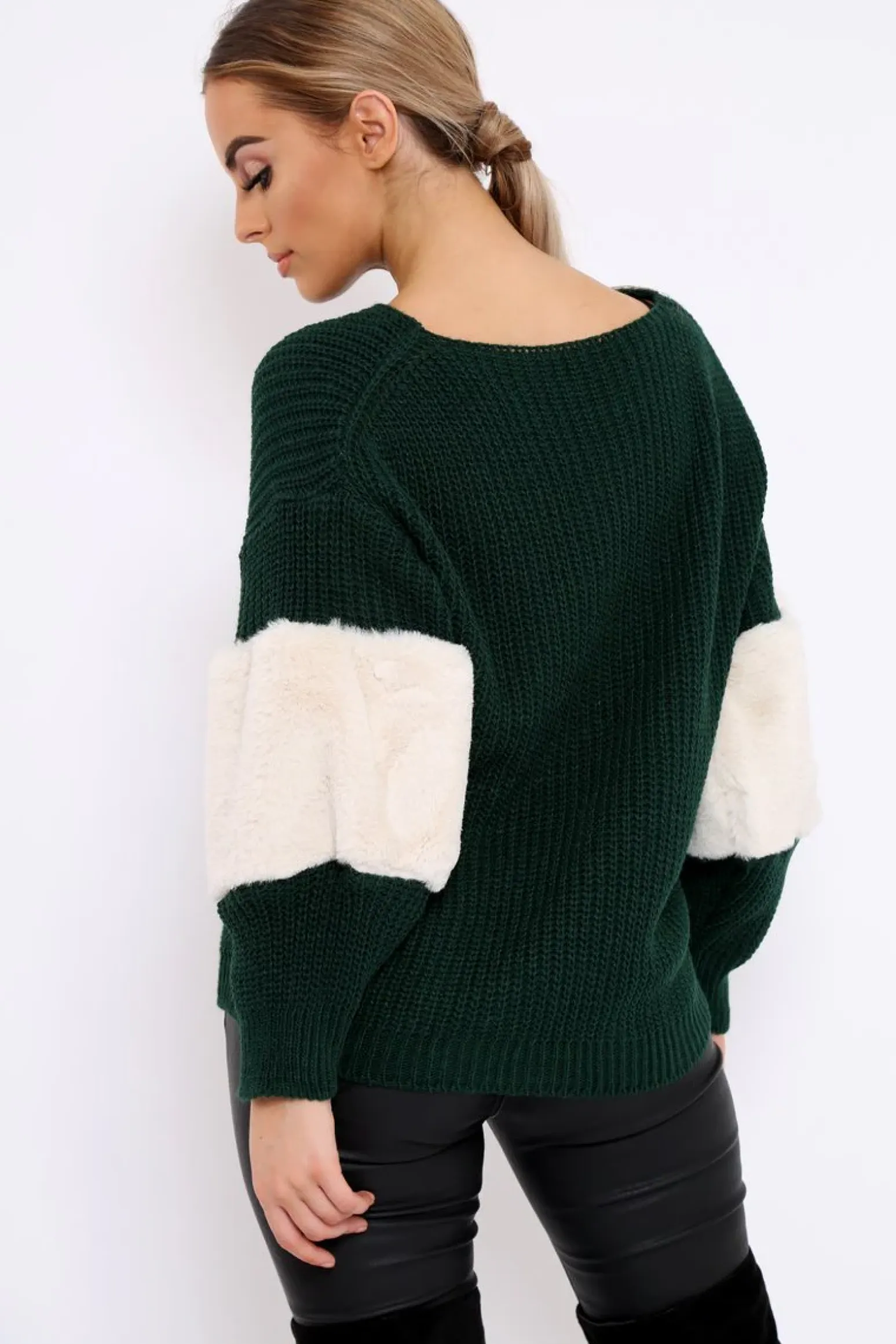 Rebellious Fashion Green Chunky Knit Fur Sleeve Jumper - Kimberly