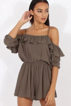 Rebellious Fashion Green Cold Shoulder Frill Layer Playsuit - Diana