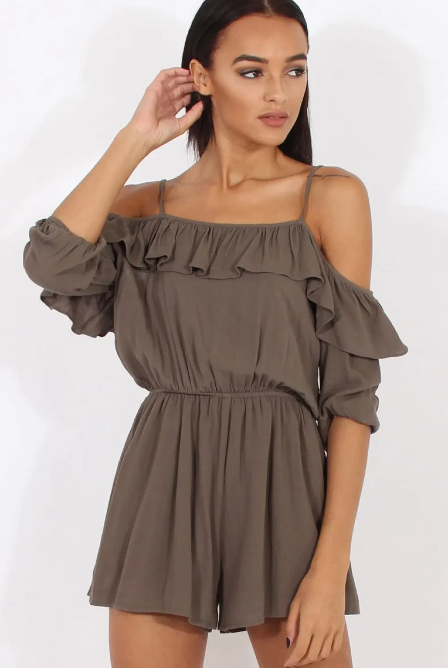 Rebellious Fashion Green Cold Shoulder Frill Layer Playsuit - Diana