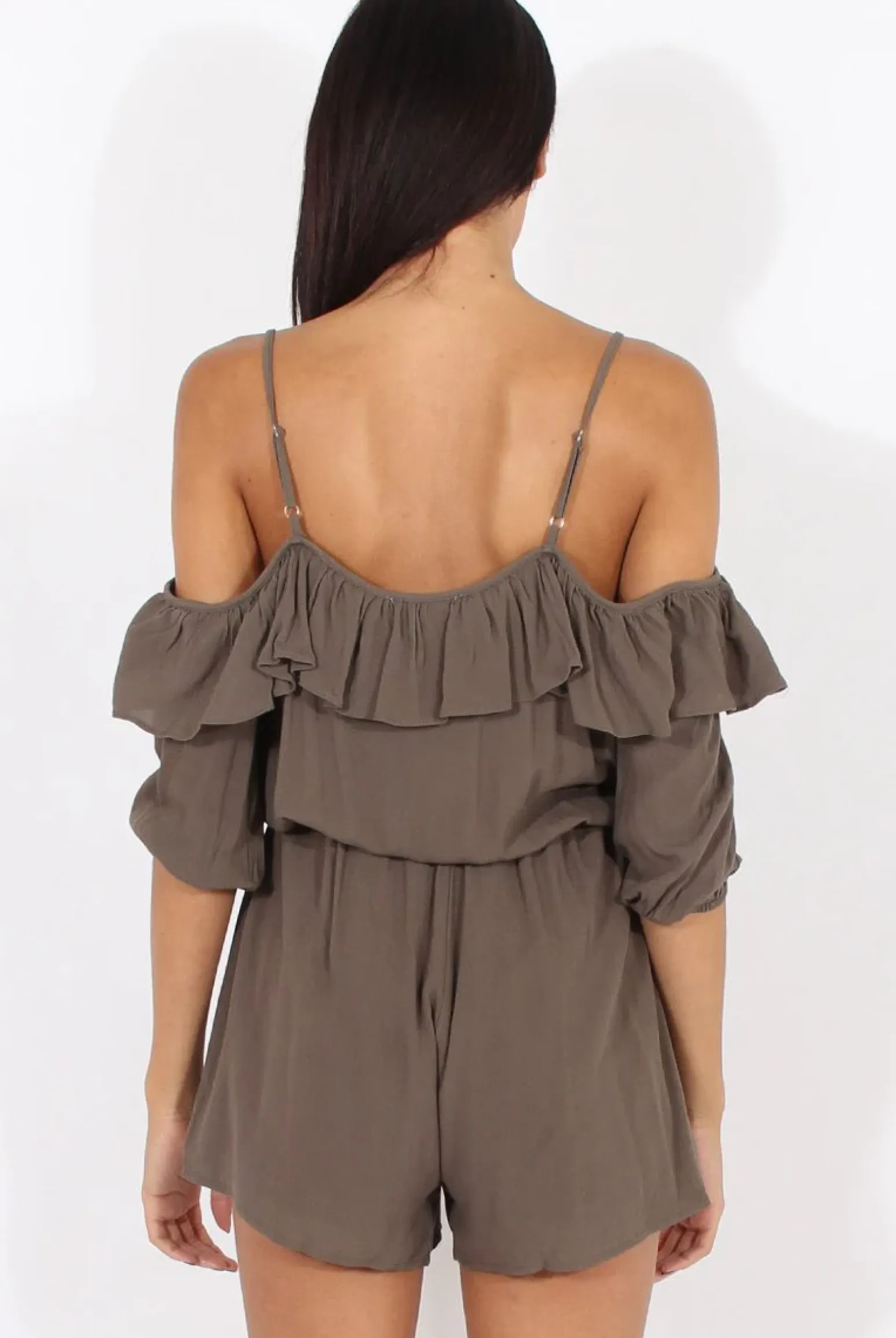 Rebellious Fashion Green Cold Shoulder Frill Layer Playsuit - Diana