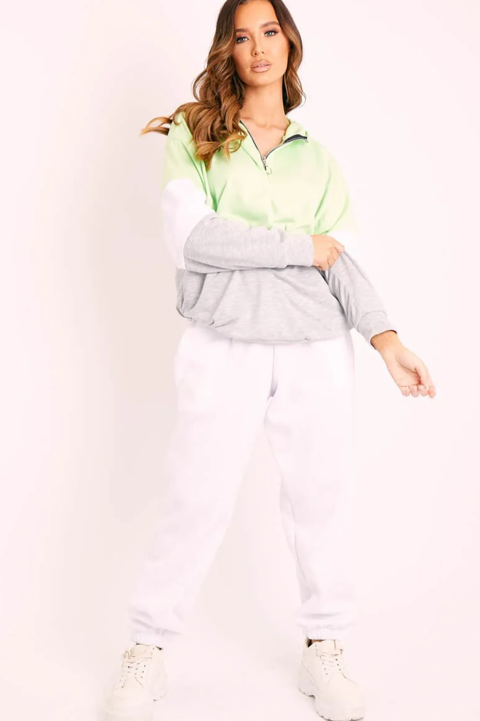 Rebellious Fashion Green Colour Block 3/4 Zip Hoodie - Carlie