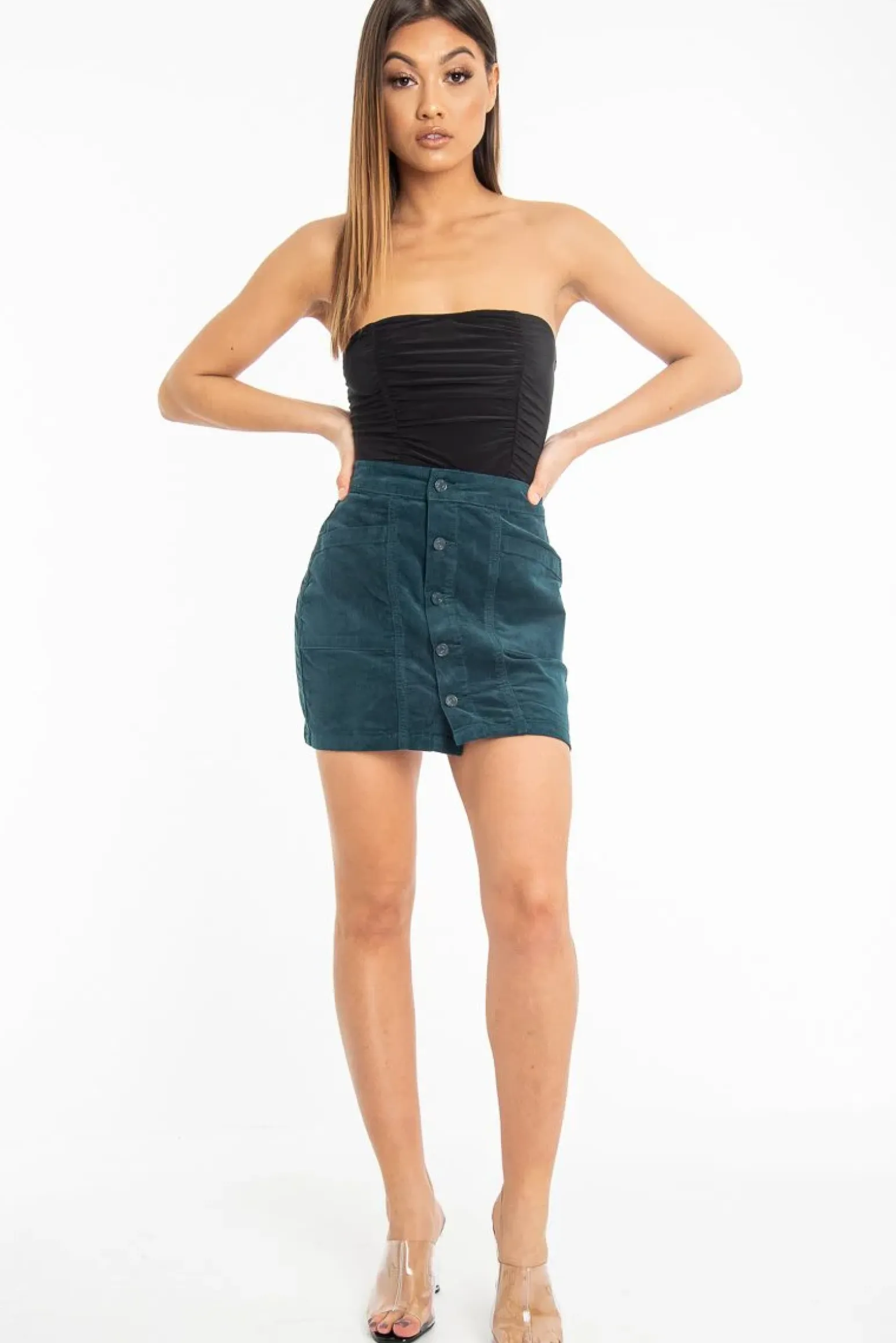 Rebellious Fashion Green Corduroy Button Front Mini Skirt - Vicky