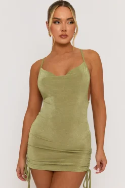 Rebellious Fashion Green Cowl Ruched Side Mini Dress - Marfa