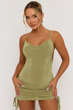 Rebellious Fashion Green Cowl Ruched Side Mini Dress - Marfa