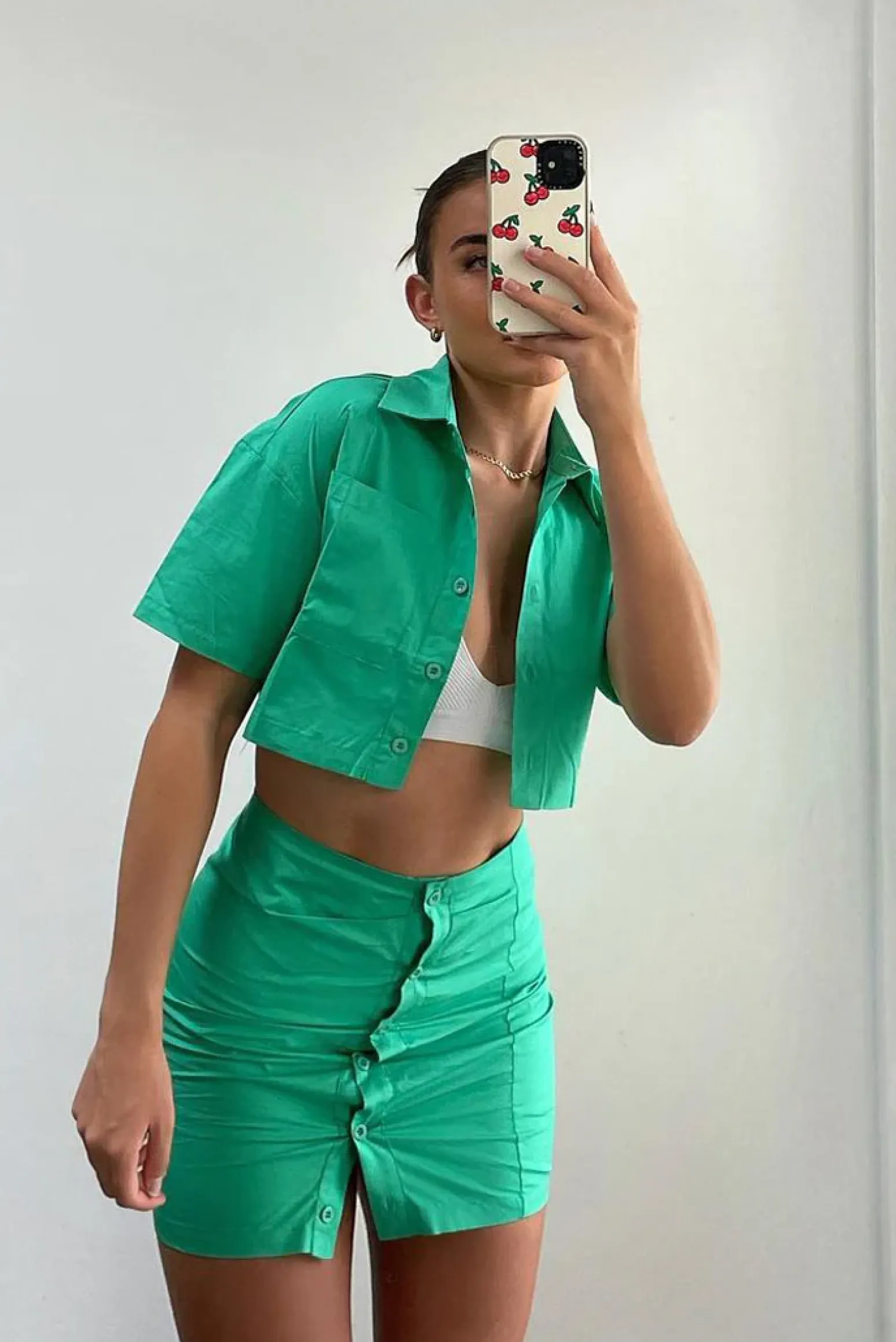 Rebellious Fashion Green Cropped Shirt & Mini Skirt Set - Cathy