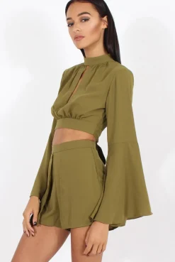 Rebellious Fashion Green Cut Out Bell Sleeve Co-ord - Leia