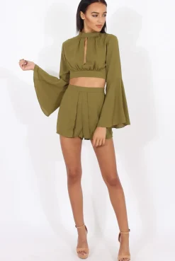 Rebellious Fashion Green Cut Out Bell Sleeve Co-ord - Leia