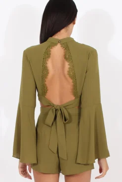 Rebellious Fashion Green Cut Out Bell Sleeve Co-ord - Leia