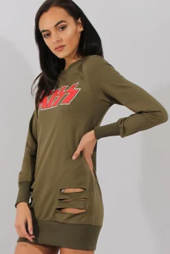 Rebellious Fashion Green Distressed Kiss Jumper Dress - Ferne