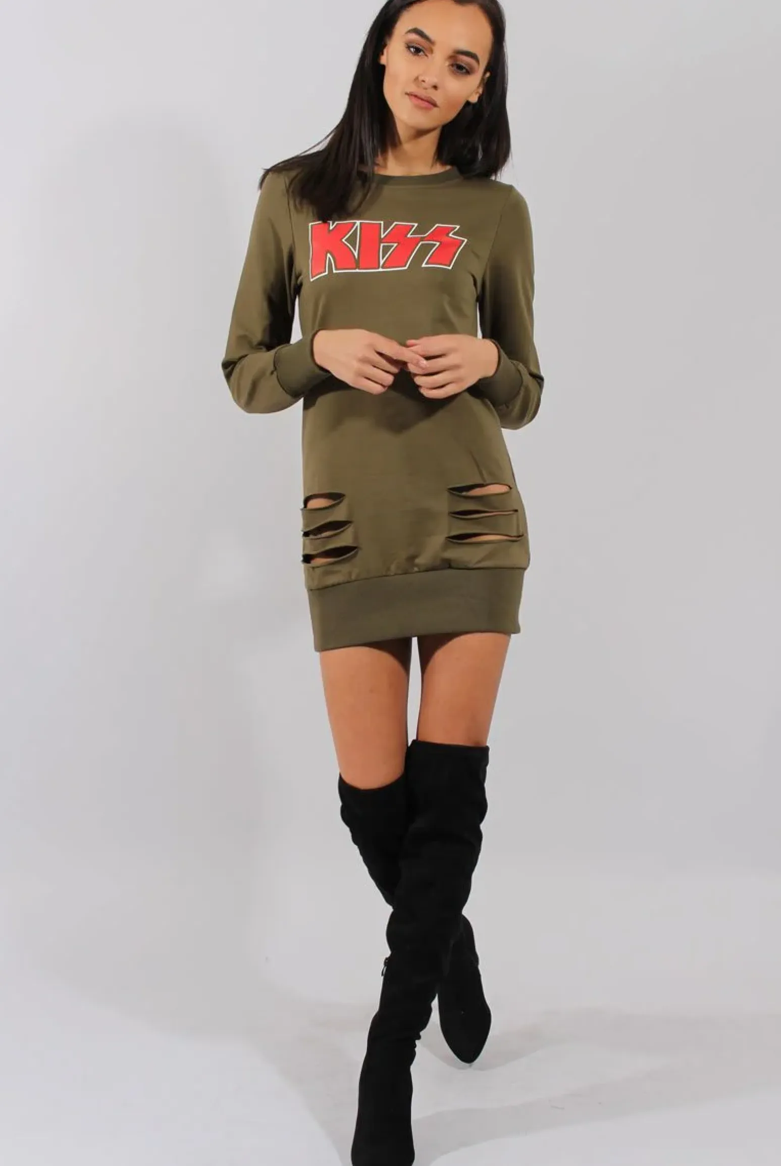 Rebellious Fashion Green Distressed Kiss Jumper Dress - Ferne