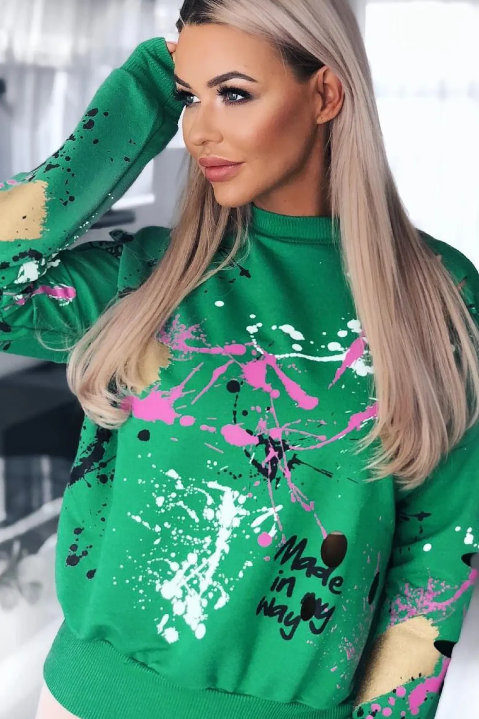 Rebellious Fashion Green Distressed Paint Splatter Jumper - Mina