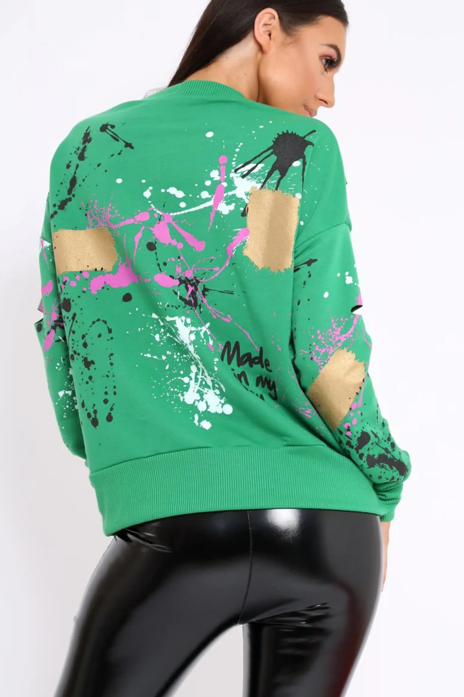 Rebellious Fashion Green Distressed Paint Splatter Jumper - Mina