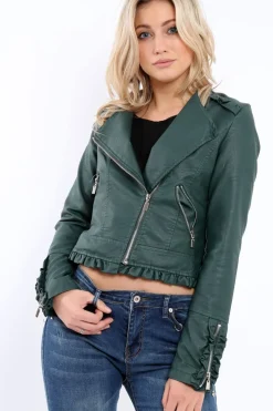 Rebellious Fashion Green Faux Leather Biker Jacket - Colleen