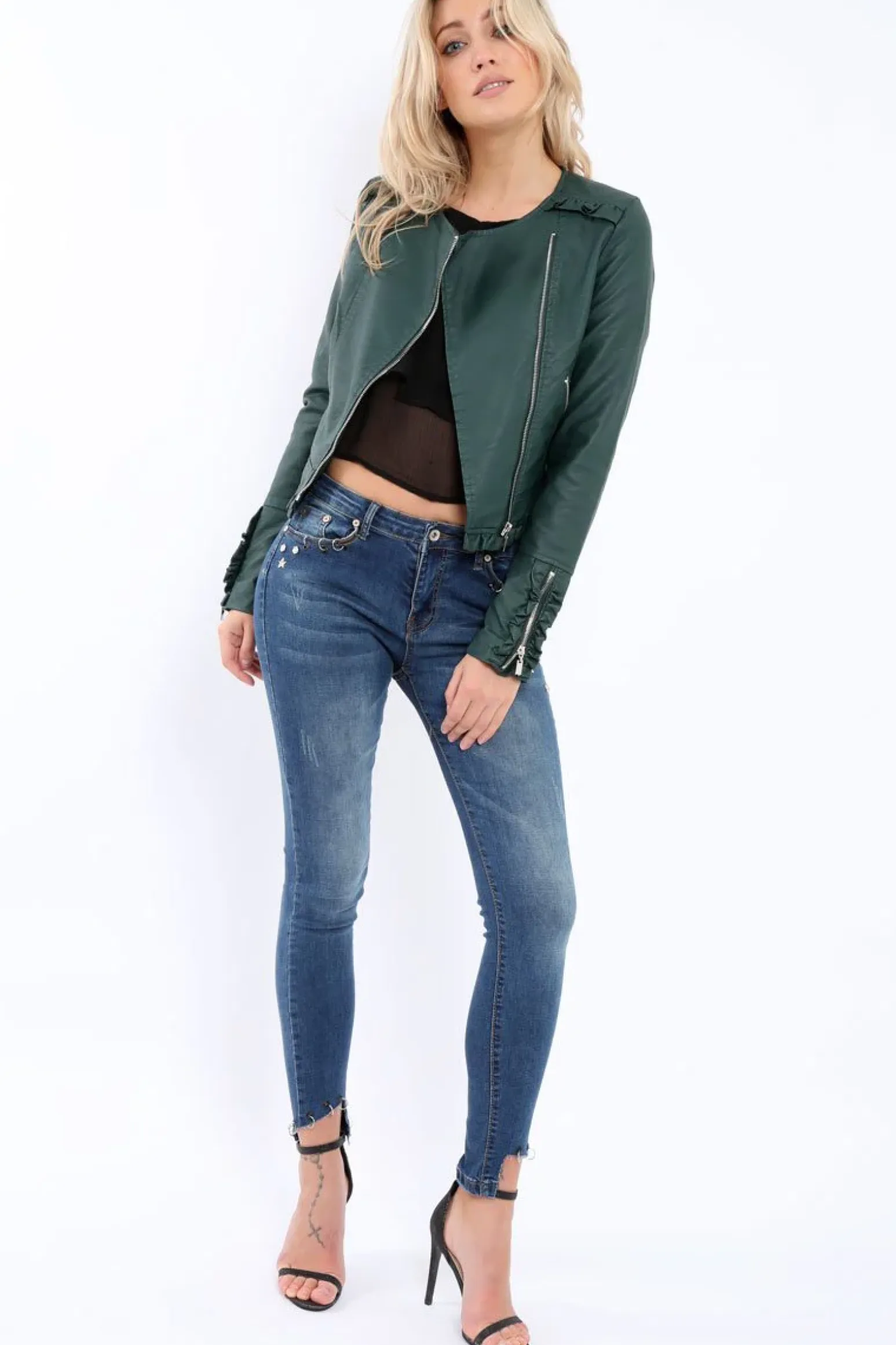 Rebellious Fashion Green Faux Leather Biker Jacket - Colleen