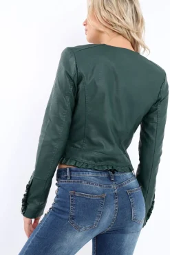 Rebellious Fashion Green Faux Leather Biker Jacket - Colleen