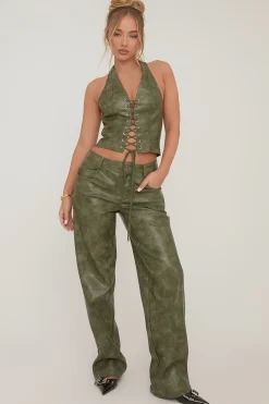 Rebellious Fashion Green Faux Leather Low Rise Trousers - Charity