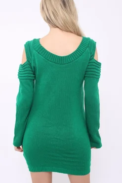 Rebellious Fashion Green Festive Deer Cold Shouldered Jumper Dress - Catarina