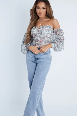 Rebellious Fashion Green Floral Bardot Off The Shoulder Mesh Bodysuit - Hayle