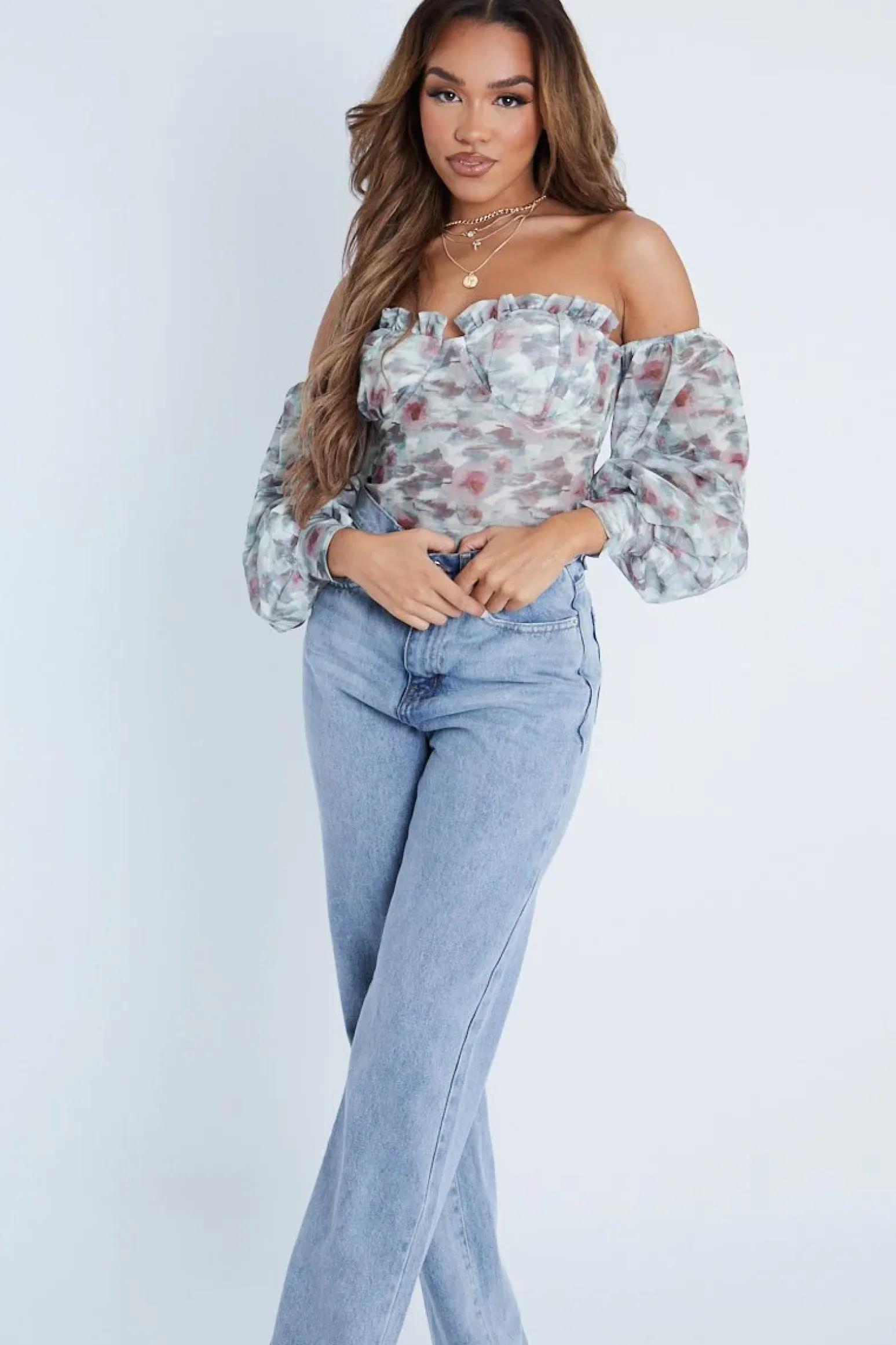Rebellious Fashion Green Floral Bardot Off The Shoulder Mesh Bodysuit - Hayle