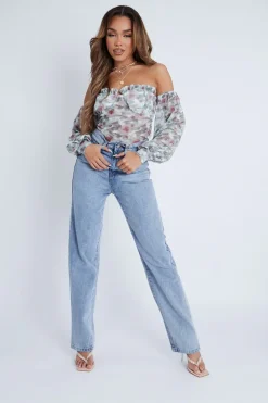 Rebellious Fashion Green Floral Bardot Off The Shoulder Mesh Bodysuit - Hayle
