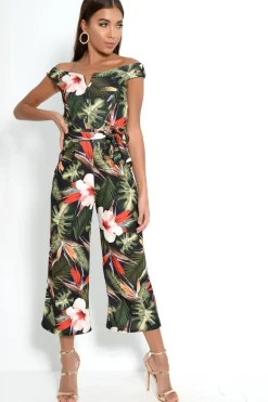 Rebellious Fashion Green Floral Belted Culotte Jumpsuit - Nayali