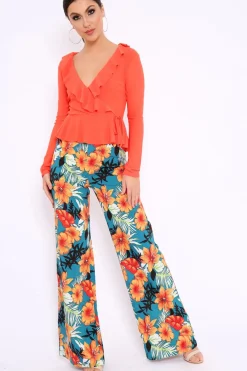 Rebellious Fashion Green Floral High Waist Flare Trousers - Tisha