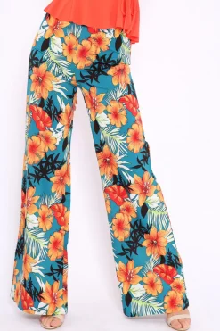Rebellious Fashion Green Floral High Waist Flare Trousers - Tisha
