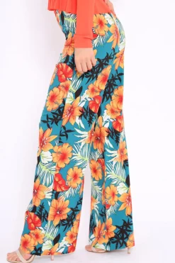 Rebellious Fashion Green Floral High Waist Flare Trousers - Tisha