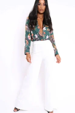 Rebellious Fashion Green Floral Plunge Satin Bodysuit - Rebeka