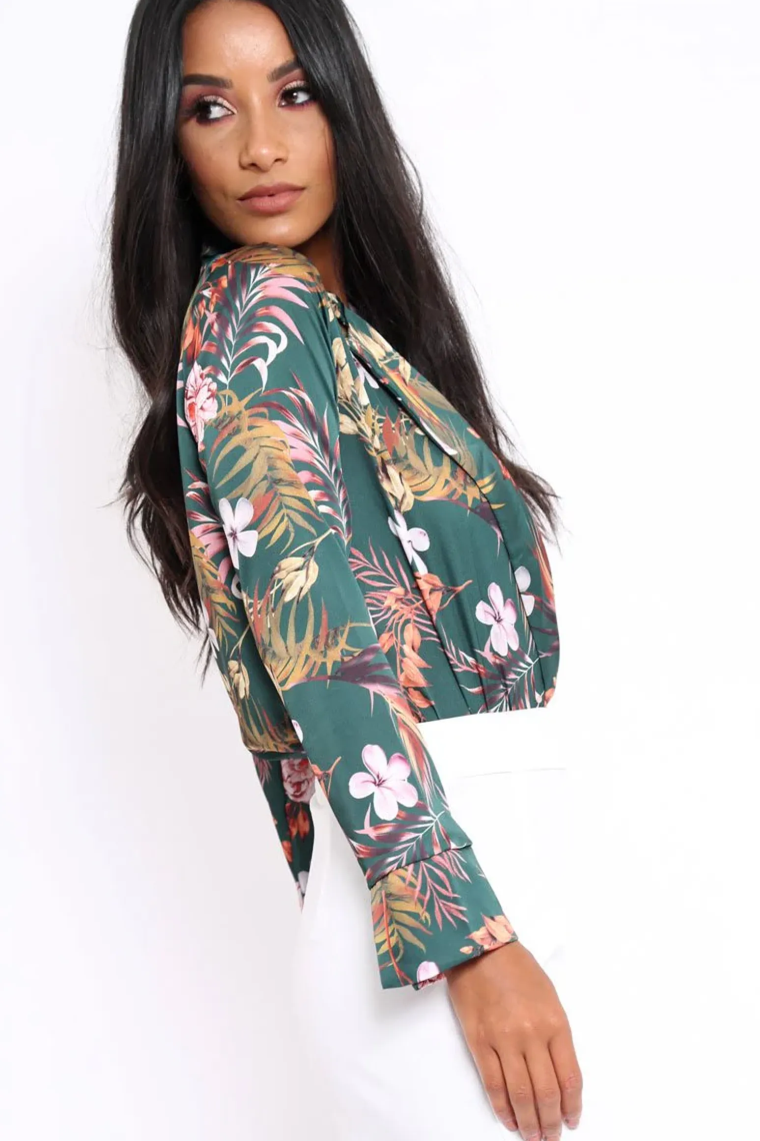 Rebellious Fashion Green Floral Plunge Satin Bodysuit - Rebeka
