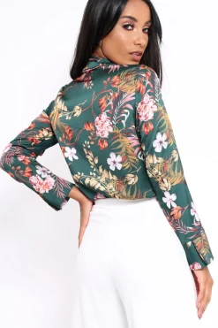 Rebellious Fashion Green Floral Plunge Satin Bodysuit - Rebeka