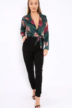 Rebellious Fashion Green Floral Plunge Satin Wrap Front Jumpsuit - Talulah