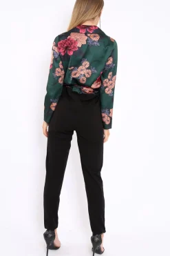 Rebellious Fashion Green Floral Plunge Satin Wrap Front Jumpsuit - Talulah
