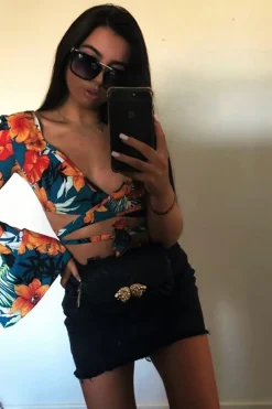 Rebellious Fashion Green Floral Print Asymmetrical Sleeve Crop Top - Clarinda