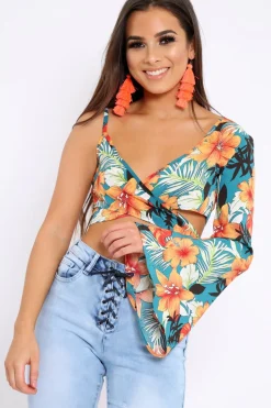 Rebellious Fashion Green Floral Print Asymmetrical Sleeve Crop Top - Clarinda