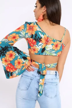Rebellious Fashion Green Floral Print Asymmetrical Sleeve Crop Top - Clarinda