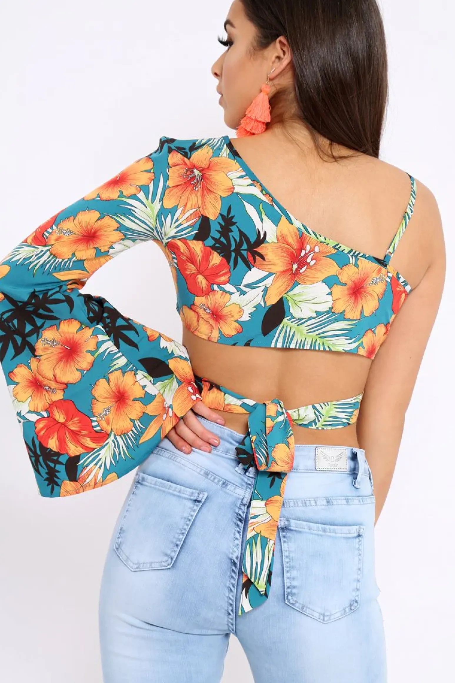 Rebellious Fashion Green Floral Print Asymmetrical Sleeve Crop Top - Clarinda