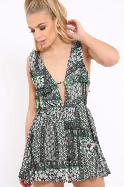 Rebellious Fashion Green Floral Print Plunge Tie Back Pleated Playsuit - Remy